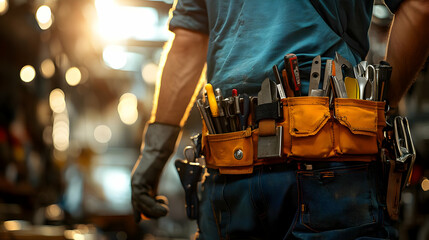 A worker's tool belt filled with various tools in a workshop.