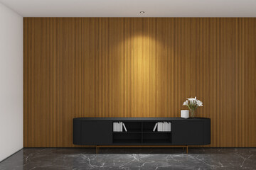 3d render of minimal design wall mock up of wood stripes panel, gray marble floor and white ceiling. Set 6 © asesidea