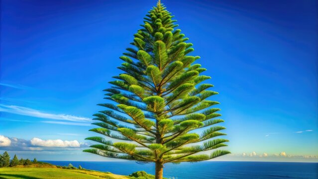 Majestic Norfolk Pine Tree Standing Tall Against a Clear Blue Sky in a Serene Natural Landscape