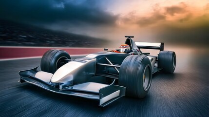 A sleek black race car speeds around a track with a cloudy sky in the background.