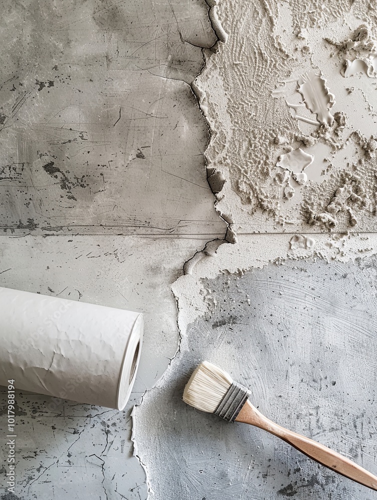 Poster a textured concrete surface features a brush and rolled paper, showcasing preparation for modern wal