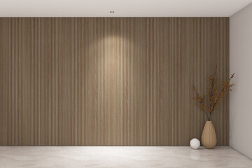 3d render of minimal design wall mock up of wood stripes panel, beige marble floor and white ceiling. Set 18