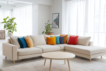 Fototapeta premium Minimalist, modern japandi interiors in apartment living rooms with large windows and sofas and various bird cushions. Generative AI 