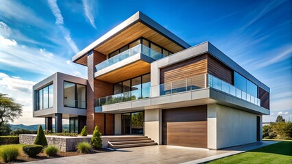 Sleek three-story house with a minimalist aesthetic, showcasing elegant architecture and clean lines that embody sophistication and simplicity in
