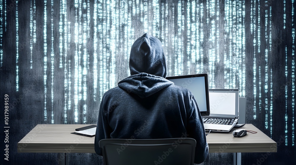 Poster a hooded figure sits in front of a computer, with a background of flowing code.