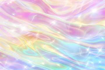 Obraz premium A soft, dreamy background pastel colors like pink, blue, and yellow. The surface appears fluid and glossy, with a shimmering effect that resembles waves or flowing silk. whimsical ethereal touch.