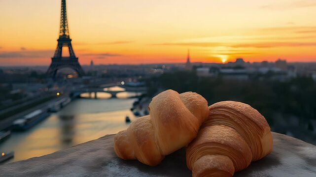 Delicious french croissants on romantic background of Eiffel tower. Created with Generative AI.	