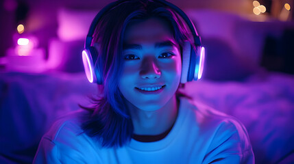 A young person with headphones smiles in a colorful, cozy setting.