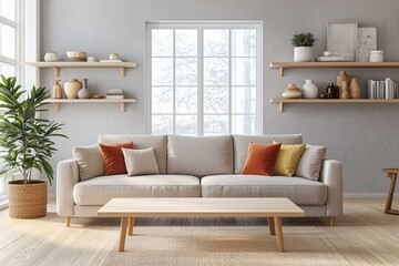 Fototapeta premium Minimalist, with wood shelves and interior accessories Modern japandi interiors in apartment living rooms with sofas and pastel-toned cushions and wood tables. Generative AI 