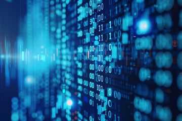 Fototapeta premium A digital abstract background featuring streams of binary code (0s and 1s) inblue tones. sense of technology and data processing, with glowing elements creating a futuristic atmosphere.