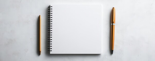 A minimalistic setup featuring a blank notebook with two pens on a light tabletop, perfect for creative inspiration and design.