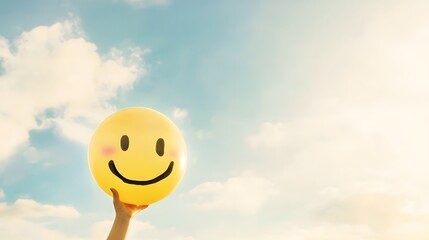 A hand holds up a yellow smiley face balloon against a blue sky with white clouds.