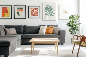 Minimalist, modern japandi interiors in the living room with hanging walls of art frames and gray sofas and cushion tables. Generative AI
