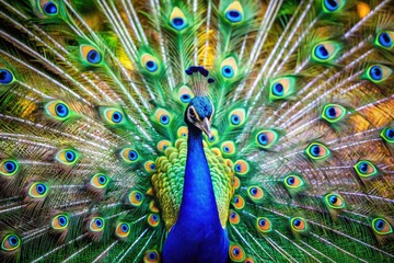 Obraz premium Majestic Peacock Displaying Vibrant Feathers in Natural Habitat Under Bright Sunny Sky