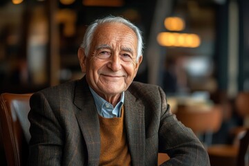 Vivid HDR portrait of a smiling elderly man in a suit, rich colors highlighting his warm expression and the lively office space around him