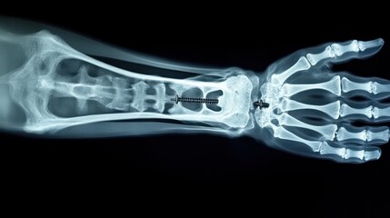X-ray image of a human arm and hand showing bones and joints.