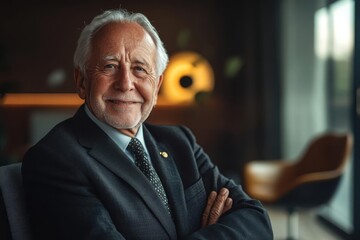 Elderly man in a suit smiling confidently with arms crossed in a well-lit room with modern decor, blurred background.