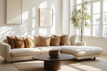 Fototapeta premium A modern Japandi interior in the living room with minimalist, art-frame hanging and sofa and bay-colored cushions and tables. Generative AI