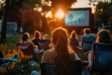 Fototapeta premium Autumn season. Young friends enjoy outdoors cinema at the park. Halloween and terror outdoor projection screen movie party