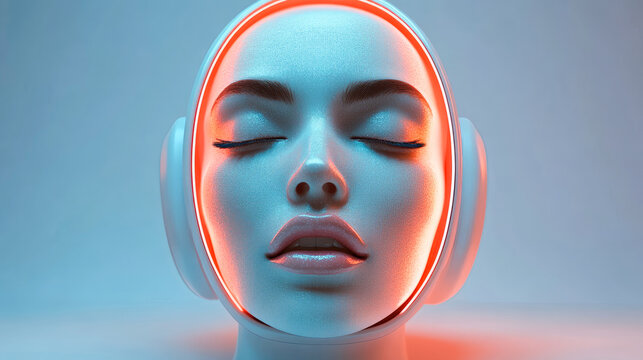 A sleek, futuristic face with luminous headgear represents advanced technology and human transformation in modern art style.