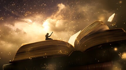 A silhouette of a person sits on an open book, reading under a glowing sky.  