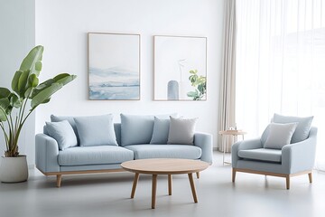 Minimalist, a modern Japandi interior photo of a living room with walls hanging with art frames and a sofa and table. Generative AI
