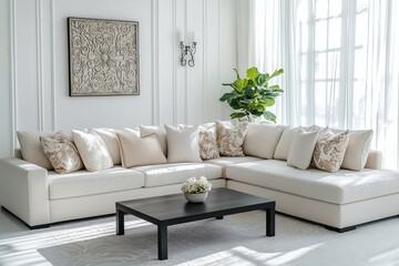 Minimalist, a modern Japandi interior photo of a living room with walls hanging with art frames and a sofa and table. Generative AI
