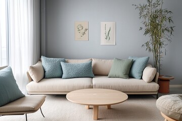 Minimalist, a modern Japandi interior photo of a living room with walls hanging with art frames and a sofa and table. Generative AI
