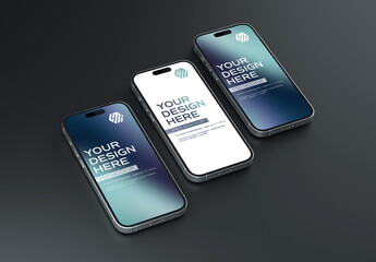 Three Mobile Phones On Black Background Mockup