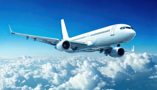 White passenger plane flying in the sky with amazing clouds in the background 