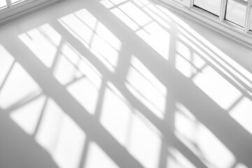 Minimalist white room with sunlight casting window shadow patterns