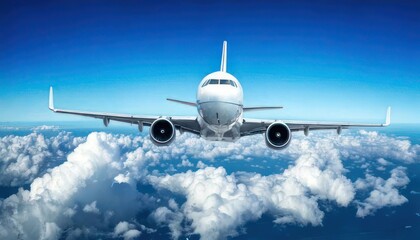 Naklejka premium White passenger plane flying in the sky with amazing clouds in the background 