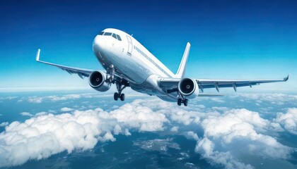 Obraz premium White passenger plane flying in the sky with amazing clouds in the background 