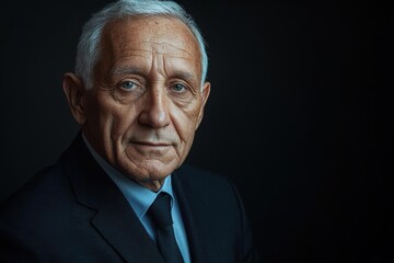 Obraz premium Elderly man in a suit with a serious expression, against a dark background. Portrait of mature gentleman with gray hair and wrinkles representing wisdom.