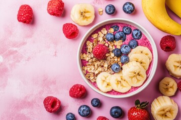 Colorful fruit smoothie bowl with fresh berries granola