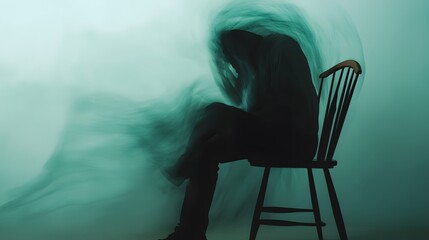 Silhouette of a person sitting in a chair, surrounded by swirling green mist.