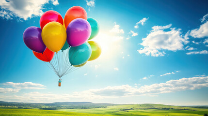 Naklejka premium A bunch of vibrant helium balloons in rainbow colors soaring above a peaceful countryside, vivid green fields below with gentle hills, soft blue sky