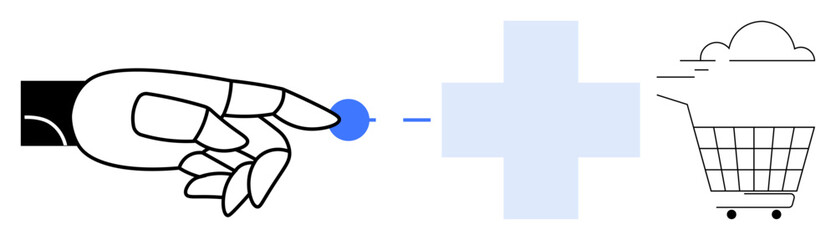 A robotic hand touches a dot connected to a medical cross and a shopping cart. Ideal for technology, healthcare, e-commerce, automation, and innovation illustrations. Clean lines and simple design