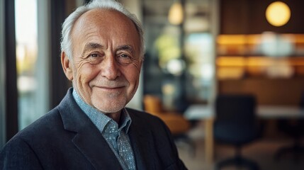 Obraz premium Smiling senior man in a suit, office background, warm lighting, mature professional, confident expression, business environment, corporate setting.