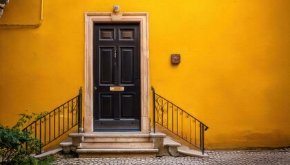 Fototapeta premium Yellow color building wall and black entrance door, stairs and railing, old house entrance 