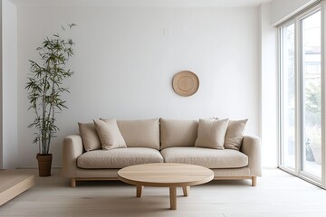 Minimalist, a modern Japan interior in the living room with white-finished walls and sofas and tables. Generative AI
