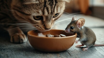 A cat and mouse sit side-by-side, sharing a bowl of food in harmony.