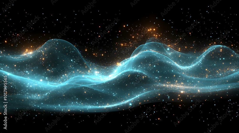 Wall mural Abstract waves of light and stars in a cosmic background.