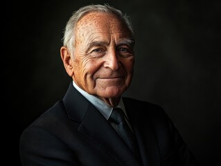 Fototapeta premium Portrait of a dignified elderly man in a dark suit, set against a dark background, exuding warmth and wisdom with a confident smile.