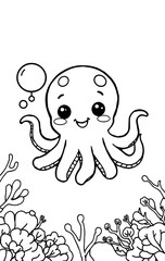 Cute Cartoon Octopus in Nature for Coloring Book