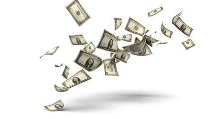 A stream of dollar bills floats against a white background.