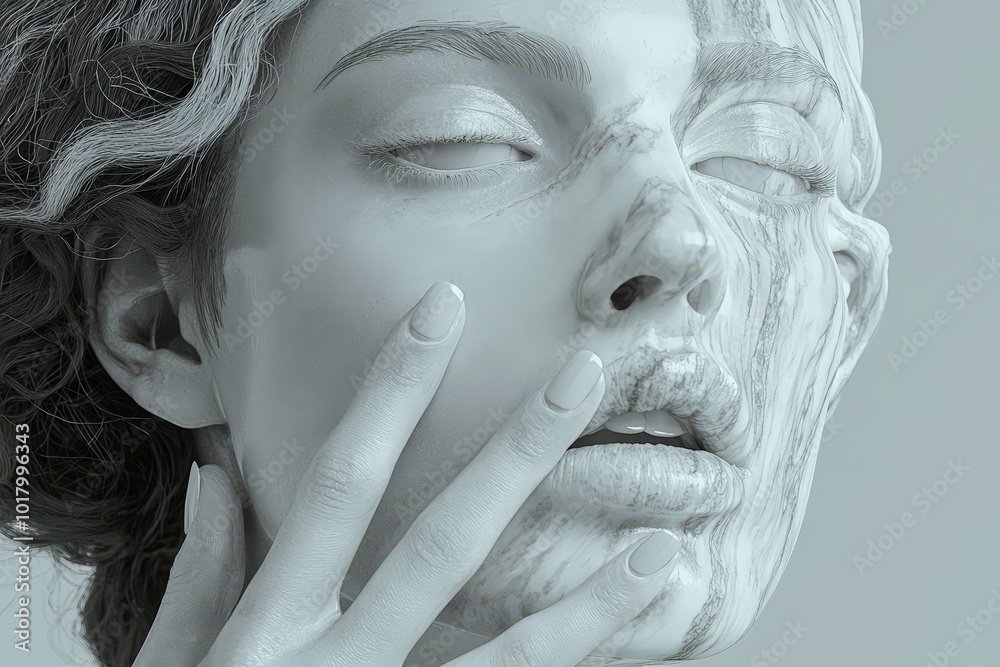 Poster A woman engages in a contemplative moment while gently touching her face, revealing intricate textures and creating an artistic expression that captivates the viewer