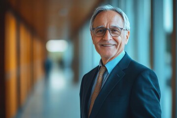 Fototapeta premium Confident senior businessman in glasses, smiling while standing in a modern office hallway with large windows, wearing a dark suit and tie.