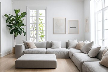 Fototapeta premium Minimalist, a modern Japandi interior photo of a living room with walls hanging with art frames and a sofa and table. Generative AI 