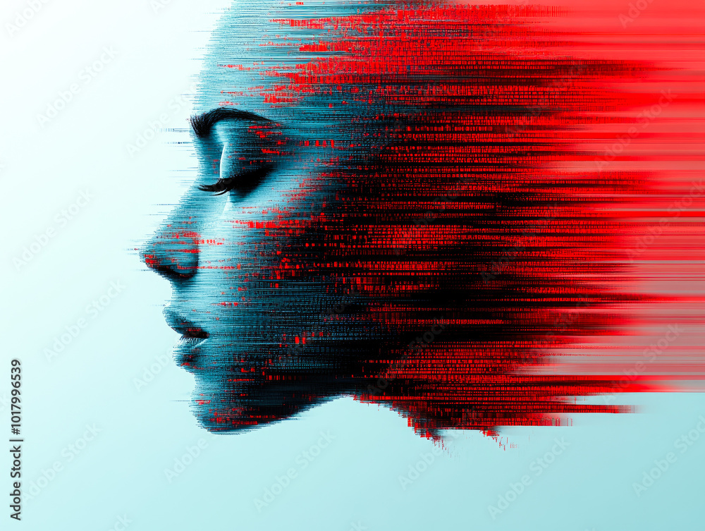 Poster digital portrait with glitch effect, blending binary code with human features and vibrant colors for